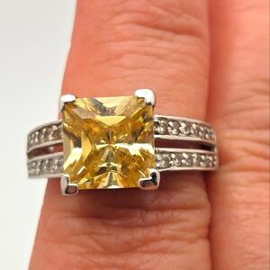 Fashion Ring 18k White Gold Plate GERSC Imitation Citrine Imitation Diamond #7.5